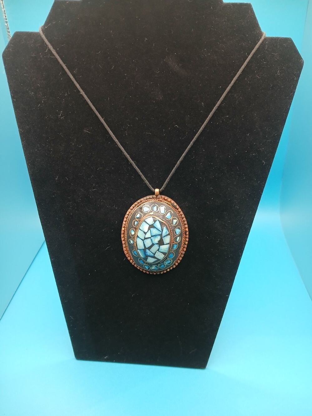 Rare Vintage 1970s Oval Domed Brass Pendant Necklace With Turquoise Gemstone And